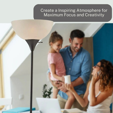 Dope Modern Black Floor Lamp With White Opal Bowl Shade, 72 Inch Tall Corner Light in home office setting.