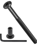 Rock Solid Baby Crib Hardware Pack Featuring Hella Durable Barrel Nuts And Flat Head Screws For Pain Free Furniture Assembly M6 By 1x80 Millimeter Replacement Fasteners With Wrench showing a black M6 bolt, barrel nut, and wrench set.