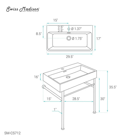 Dimensions diagram of Claire 30 Inch Ceramic Console Sink With Glossy White Basin, Scratch Resistant Non Porous Ceramic
