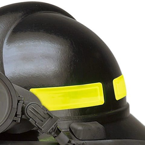 Yellow Retro Reflective Hard Hat Stickers 1 By 4 Inch Pack Of 16 Durable Helmet Decals for construction and safety on black hard hat