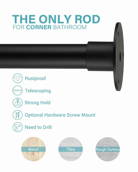 Big L Shaped Corner Shower Curtain Rod With Adjustable 90 Degree Curve, Beefy 0.8mm Thick Tube, 12 Hooks And Ceiling Support, Easy Install, Two Size Options For Flexible Fit, black telescoping rod with screw mount