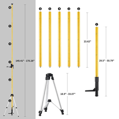 Built Like A Tank Telescoping Laser Level Stand With Hella Flexible 13.8 Foot Vertical Reach, showing height adjustments and tripod base.