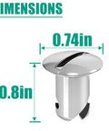 Heavy Duty Stainless Steel Quarter Turn Fasteners 20 Pack Chrome Plated 7/16 Oval Button Latches showing dimensions 0.74in and 0.8in.