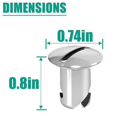 Heavy Duty Stainless Steel Quarter Turn Fasteners 20 Pack Chrome Plated 7/16 Oval Button Latches showing dimensions 0.74in and 0.8in.