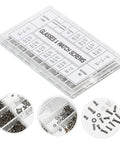 Close-up of screw assortment box from Glasses Repair Kit With Tweezers Screwdriver Cleaning Cloth And Thousands Of Eyewear Screws