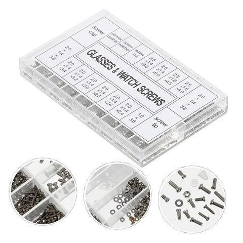 Close-up of screw assortment box from Glasses Repair Kit With Tweezers Screwdriver Cleaning Cloth And Thousands Of Eyewear Screws