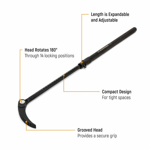 29 To 48 Inch Extendable Pry Bar With 180 Degree Rotating Head Featuring 14 Locking Positions And Compact Design For Tight Spaces