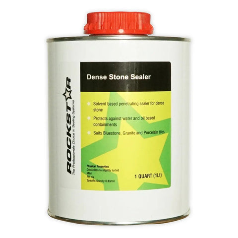 Top-Shelf Solvent-Based Dense Stone Sealer For Granite Porcelain And Polished Concrete With Killer Stain And UV Protection That Repels Oil And Water Like A Champ And Fast Curing Formula In 1 Liter Bottle displayed in a can with a red cap.