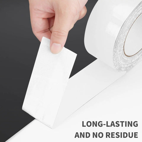 White Duct Tape Heavy Duty Waterproof 40 Yards By 2 Inches 9 Mils Thick with strong adhesive, easy tear by hand, no residue shown in use.