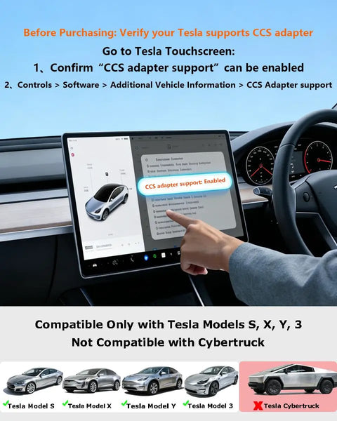 Badass Heavy Duty Ccs1 To Nacs Adapter For Tesla And All Nacs Evs Delivering 250Kw Dc Fast Charging With Smart Chip Protection That Is Straight Up Bulletproof shown on Tesla touchscreen, confirming CCS adapter support.