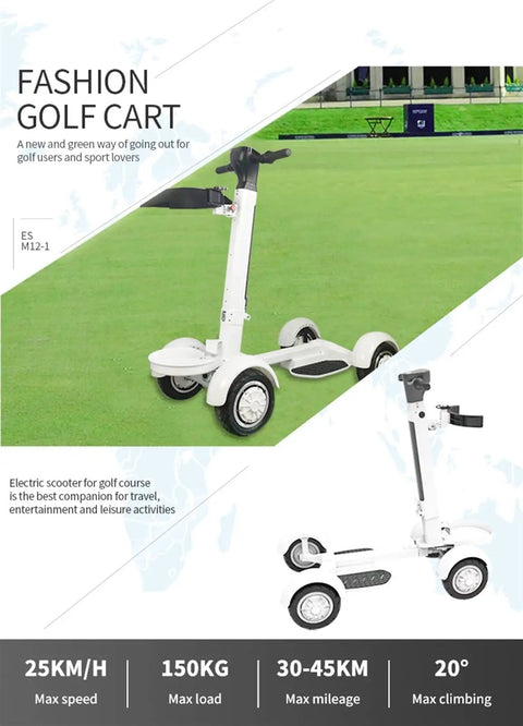 Knock Out The Course With This Slick Four Wheel Electric Golf Cart Powered By A Beefy 1000W Motor And 10 Inch High Grip Tires That Folds Flat For Trunk Storage Plus A Tough Rolling Bag Holder And Swap Out Battery For All Day Cruising.