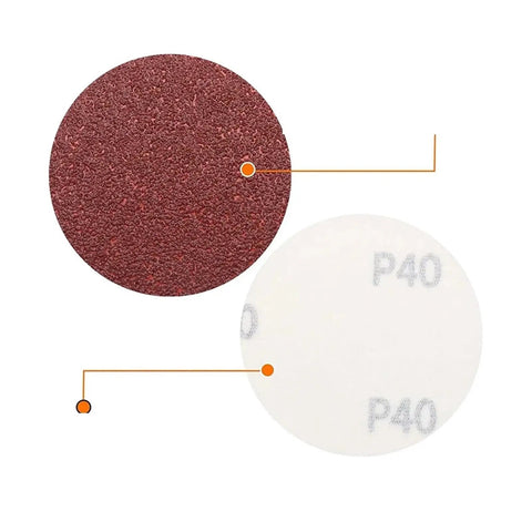 Grab This Rad 10 Pack Of Assorted Sanding Discs For A Sweet Smooth Finish On Wood Or Metal With Hook And Loop Backing That Grabs Hard To Keep It All Secure While You Work Up A Storm. P40 grit abrasive sanding discs showing different textures.