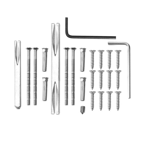Installation hardware for Sliding Interior Door Handle Set For Home Use Easy Glide Lever Knob, screws and hex keys shown.