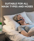 Gentle CPAP Mask And Hose Cleaning Soap Pack Of 3 Bottles, 250 ml Each, Green Tea Mint Scent, Alcohol Free Formula, Safe For Daily Use, Removes Oil And Dirt, Leaves No Harsh Residue, Extends CPAP Gear Life, woman using CPAP mask in bed