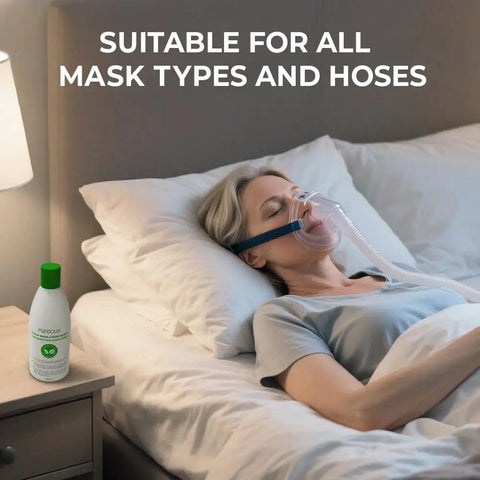Gentle CPAP Mask And Hose Cleaning Soap Pack Of 3 Bottles, 250 ml Each, Green Tea Mint Scent, Alcohol Free Formula, Safe For Daily Use, Removes Oil And Dirt, Leaves No Harsh Residue, Extends CPAP Gear Life, woman using CPAP mask in bed