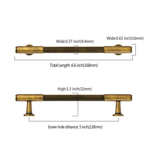Five Inch Brushed Antique Brass Cabinet Pulls, Ten Pack, dimensions diagram showing total length and screw hole distance.