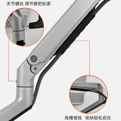 Close-up of heavy duty height adjustable monitor mount stand showing clamp and joint mechanism for ergonomic use.