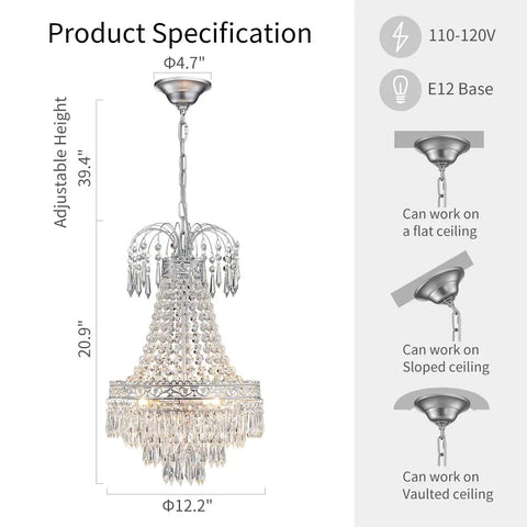 Crystal Chandelier French Empire Pendant Flush Mount Ceiling Light In Silver Finish For Bedroom Hallway Bar Kitchen Bathroom 20.9 Inches High By 12.2 Inches Wide E12 Base Bulbs Not Included Requires 3 E12 LED Bulbs hanging ceiling view