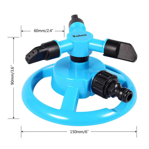 Automatic Lawn Sprinkler For Large Yards, ABS plastic rotary sprinkler with three-arm design and 360 degree coverage, blue