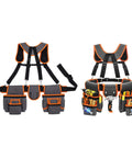 Heavy Duty Tool Belt With Double Layer Padded Suspenders Adjustable Straps Triple Stitched Oxford Fabric Hammer Pouch Organizer front and side view.