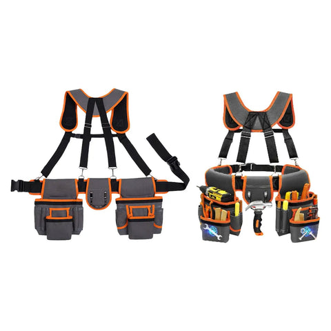 Heavy Duty Tool Belt With Double Layer Padded Suspenders Adjustable Straps Triple Stitched Oxford Fabric Hammer Pouch Organizer front and side view.
