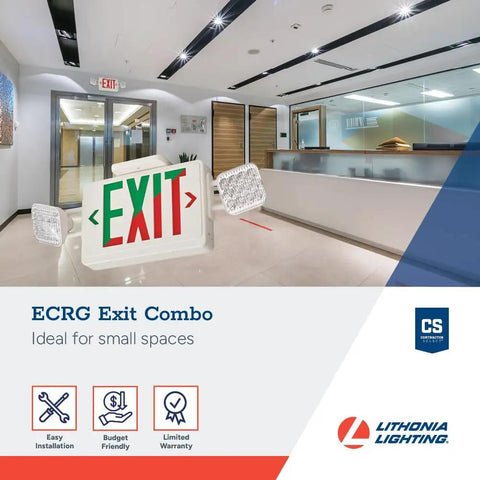 2 In 1 LED Exit Sign And Emergency Light Combo For Busy Biz Spaces Switchable Red And Green Signage With 2 Square Head LED Lamps 90 Minute Battery Backup White Housing Easy Mount For Hallways And Exits displayed in modern office hallway.