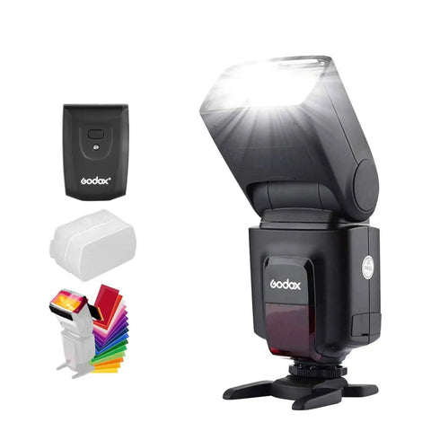 Wireless 433MHz GN33 Camera Flash Speedlite With Built In Receiver And RT Transmitter Dope Performance diffuser filters shown