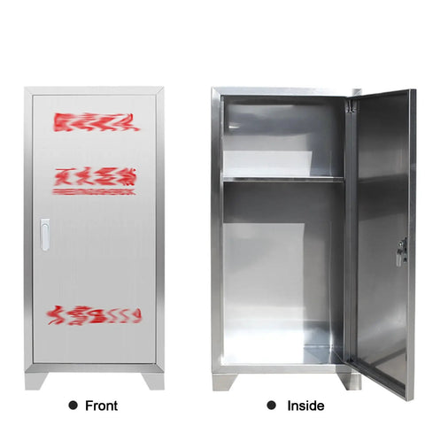 Heavy Duty Outdoor Fire Extinguisher Cabinet With Lock weatherproof steel, front and inside view showcasing tamper-resistant design.