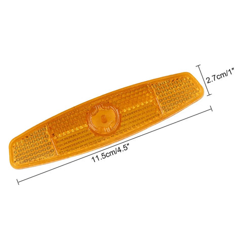 Four Pack Bike Spoke Reflectors For Night Riding Safety Bright Universal Fit Easy Install Wheel Lights For Mountain And Road Bikes 4.53 X 1.06 Inches White shown in amber color and size dimensions.