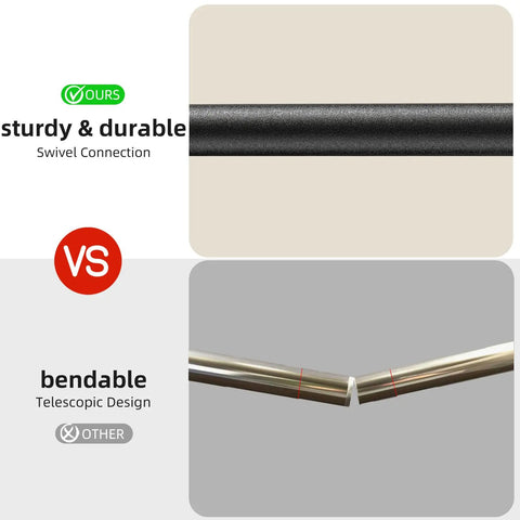 Comparison of heavy duty 5/8 inch curtain rod set with black finish and other bendable telescopic rod, highlighting durability.