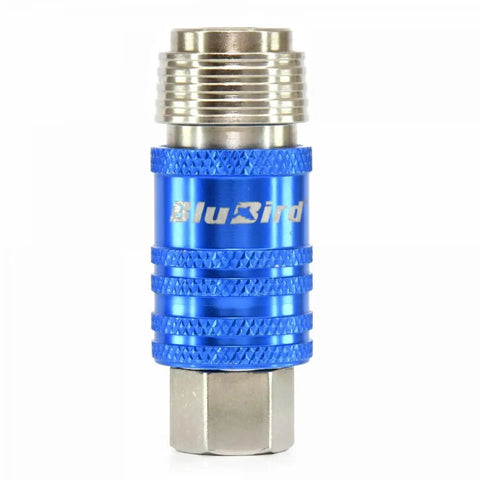 Blue 5-In-1 Universal Safety Air Coupler with 0.25 Inch Female Thread, heavy-duty quick connect, corrosion-resistant, front view.