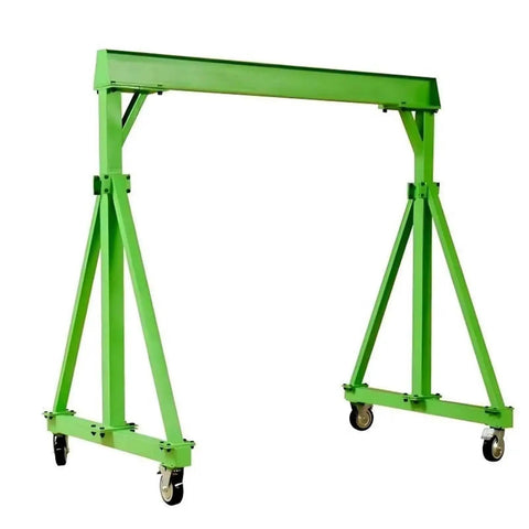 Smooth Operator Portable Gantry Crane with height adjustable rig, green steel frame for lifting, mobile and sturdy.
