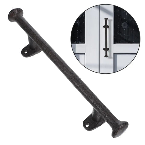 Heavy Duty Cast Iron Gate Handle 11.81 Inch Barn Door Pull With Vintage Rustic Farmhouse Charm, shown on white door
