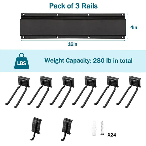 Heavy Duty Garage Tool Organizer Wall Mount 11 Piece Set With 8 Heavy Hooks showing 3 rails and multiple hooks and screws.