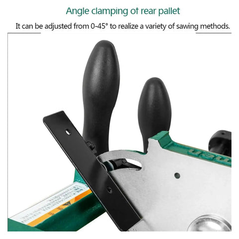 Angle clamp detail of Rock Solid Woodworking Tenoning Jig With Adjustable Tenon Saw Fixture, adjustable from 0-45°.