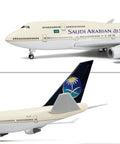 Saudi Arabian Boeing 747-400 1/160 Diecast Model Airplane With Stand Pre Built Scale Plane For Grown Ups Aviation Enthusiasts Gift For Collectors Hard Resin Painted Finish showing side fuselage detailing and tail design, livery close-up
