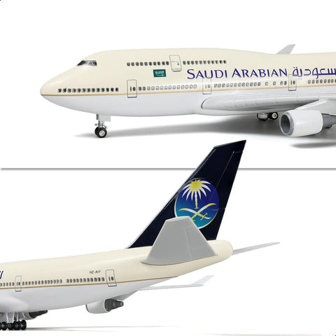 Saudi Arabian Boeing 747-400 1/160 Diecast Model Airplane With Stand Pre Built Scale Plane For Grown Ups Aviation Enthusiasts Gift For Collectors Hard Resin Painted Finish showing side fuselage detailing and tail design, livery close-up