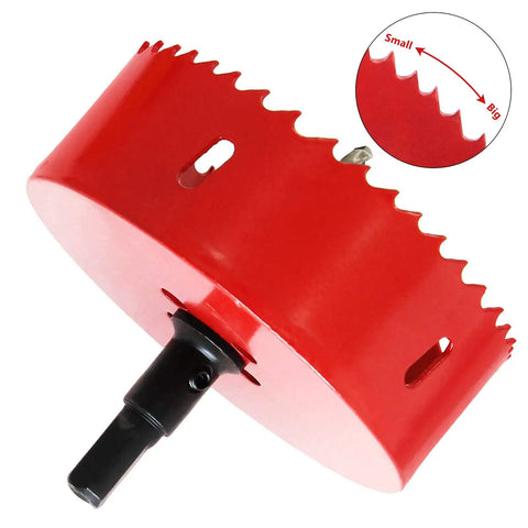 Close-up of red 100mm 4 Hole Saw Set With 1.4 Inch Cutting Depth Bi Metal HSS Hole Cutter features teeth design for DIY projects