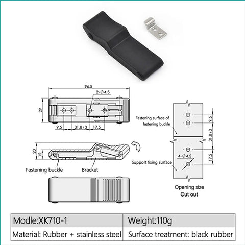 Rubber Cabinet Toggle Latch With Soft Pull Door Lock, XK710-1, dimensions and design details shown