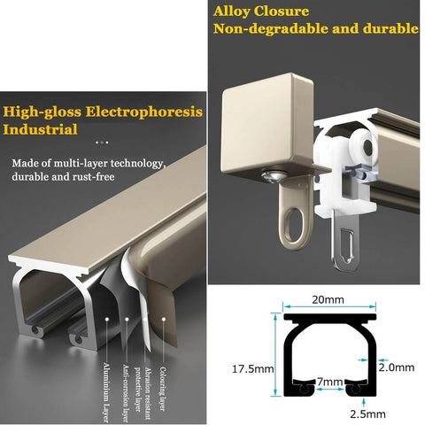 Heavy Duty Aluminum Curtain Track System 90cm Ceiling Or Wall Mount For Heavy Curtains And Sliding Panels In Black Finish, Adjustable 50cm To 600cm, Rustproof Waterproof With Stainless Steel Track For Built To Last Durable Home Or Office Use, close-up view of track components and dimensions