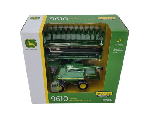 Packaging of One Sixty Fourth Scale 9610 Combine Toy With Die Cast Body Clear Cab Window Detailed Interior in box.