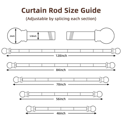Size guide for Black Curtain Rod Set With Brackets For Windows 28 To 48 Inches, 5/8 Inch Decorative Heavy Duty Curtain Rod.