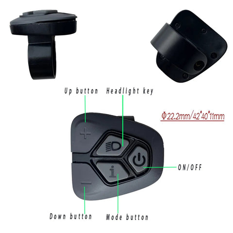 Ride-Ready Ebike LCD Display Meter KD718 Waterproof Bike Computer button panel with up, down, mode, and power buttons, black ABS