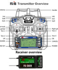 Diagram of Flysky FS-i6 6CH 2.4GHz AFHDS 2A RC Transmitter With FS-iA6B Receiver, labeled controls and features overview.