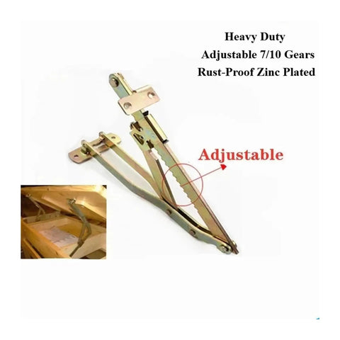 245mm Adjustable Ratchet Lifting Hinge For Drawing Tables And Massage Beds Featuring Seven To Ten Gear Settings in heavy duty zinc plated design.