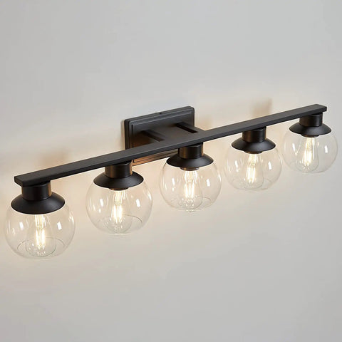 Matte Black Farmhouse 5 Lights Bathroom Vanity Lights With Globe Glass Shades Modern Wall Fixture For Over Mirror And Kitchen Cabinet 37 Inch Long Slick Mid Century Style Bath Lighting