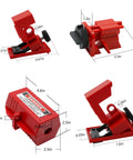Electrical Lockout Tagout Kit With 33 Devices Padlocks Hasps Circuit Breaker Locks Switch Locks Tag Outs And Nylon Storage Bag For OSHA Compliant Hazardous Energy Control On The Job showing red circuit breaker locks in different angles with measurements.