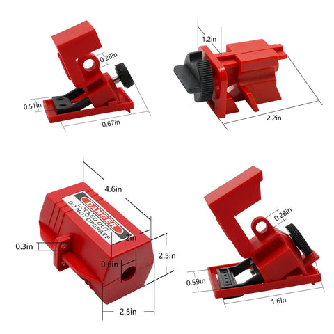 Electrical Lockout Tagout Kit With 33 Devices Padlocks Hasps Circuit Breaker Locks Switch Locks Tag Outs And Nylon Storage Bag For OSHA Compliant Hazardous Energy Control On The Job showing red circuit breaker locks in different angles with measurements.