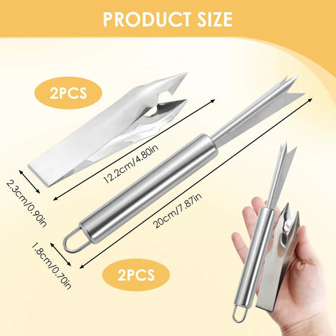 Pineapple Eye Remover Tool Set With Two V Shaped Cutters And Two Removal Clips, Stainless Steel Pineapple Peeler Knife dimensions shown