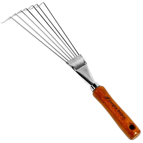 Slim Handheld Leaf Rake With Chrome Plated Steel Blade And Wood Handle; durable garden tool for easy yard cleanup in tight spaces.
